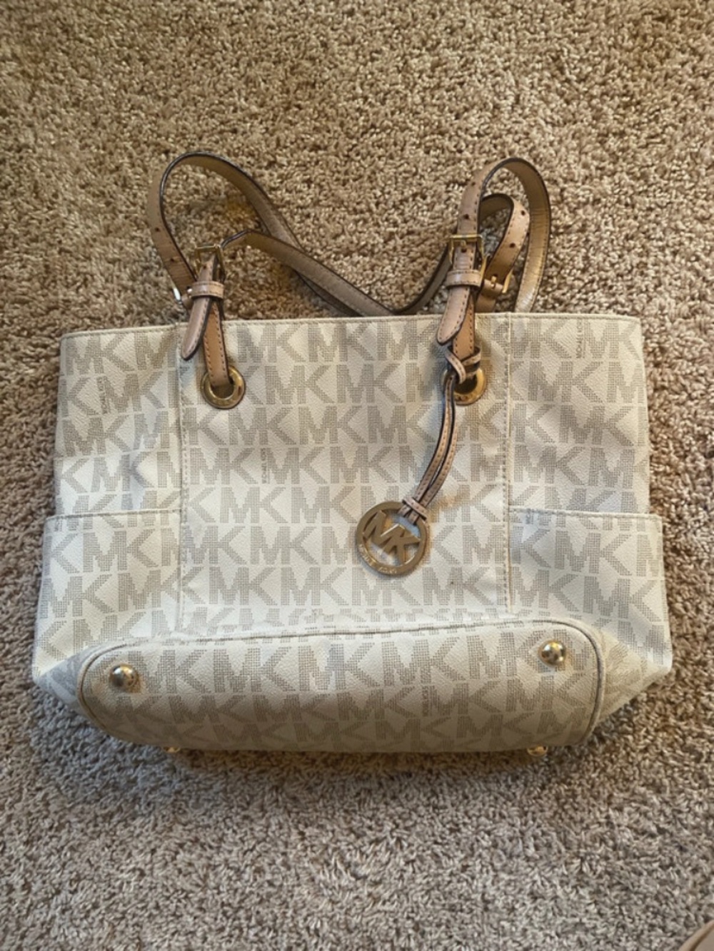 MICHAEL Michael Kors Cream MK Logo Tote with Tan Leather Straps